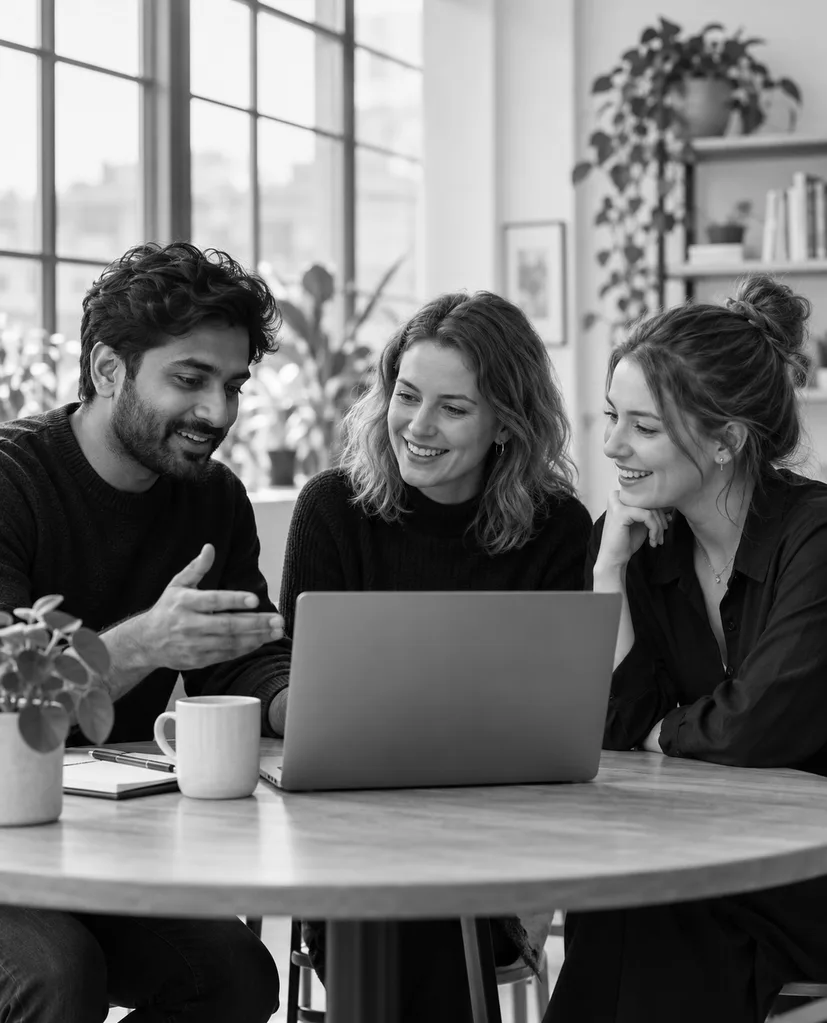 Three colleagues talking around a laptop at a table
